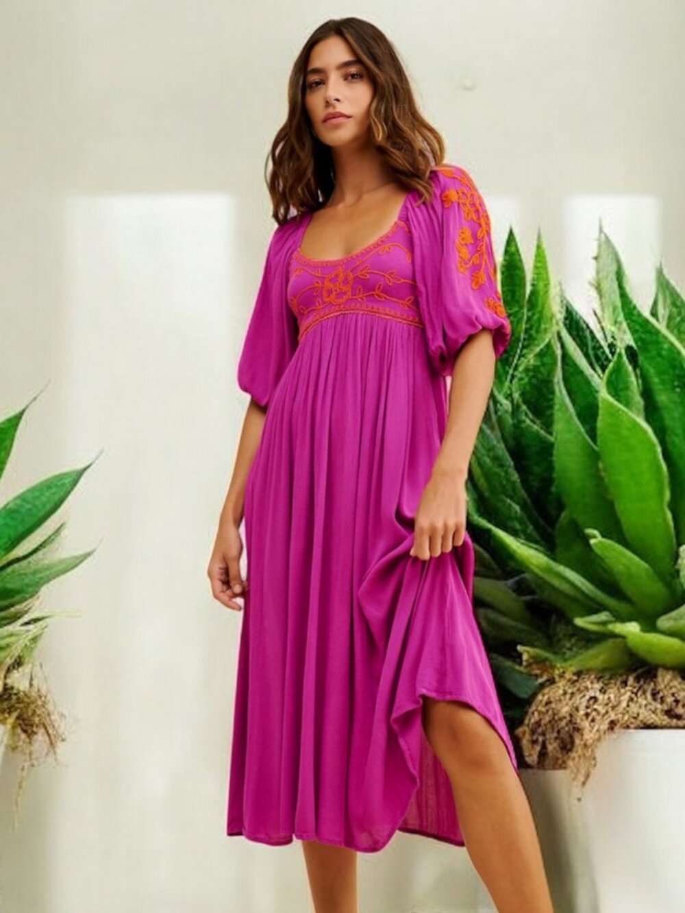 Free People Wedgewood Midi Fuchsia Orchid Pavilion Embroidered Dress NWOT